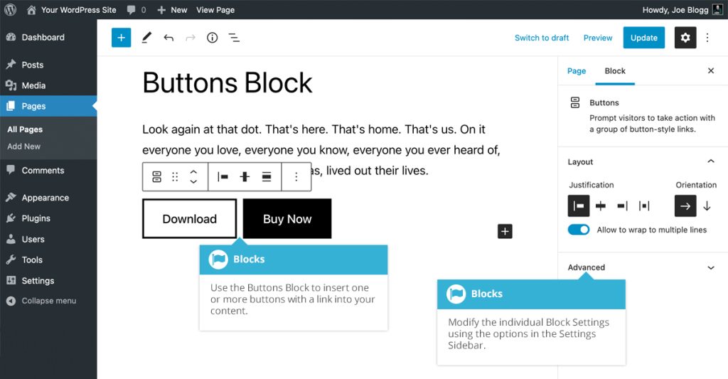 WordPress Gutenberg Editor Buttonsblock
